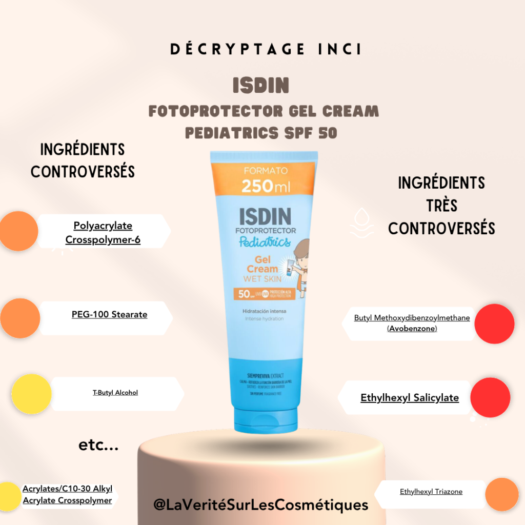 Composition crème solaire ISDIN enfants : présence de filtres UV chimiques controversés